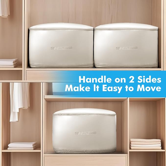 Comforter Storage Bag-Ultra Space Saving Large Self Compression Organizer for Comforters and Blanket,3-Layer Zipper Self-Compressing Organizer for Storage Bedding. (Beige, 3 Pack)