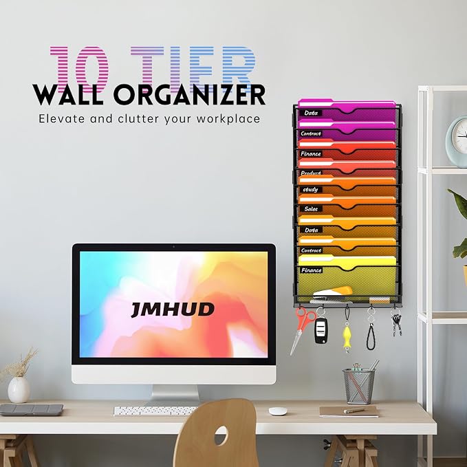 10-Tier Wall File Organizer with Base and Hooks, Hanging Organizer, Black | Wall Organizer and Wall File Holder with 10 Vertical Pockets and Bottom Tray for Files, Mail, Folders, Magazines and Paper