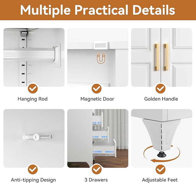 Polup 71" White Metal Armoire Wardrobe Closet with Doors and 3 Drawers | Freestanding Tall Steel Clothing Storage Cabinet, 180lbs Adjustable Shelves, Hanging Rod, for Bedroom, Office, Laundry