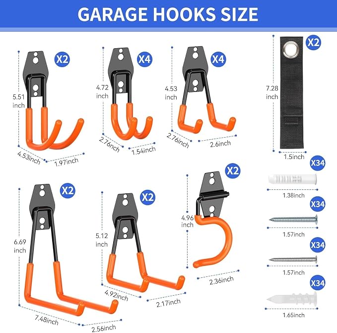 Heavy Duty Garage Hooks 18 Pack, Utility Steel Wall Mount Hook | Garage Storage Hooks with Non-Slip PVC Coating for Bike, Ladder, Tools, Hose & Garage Organization
