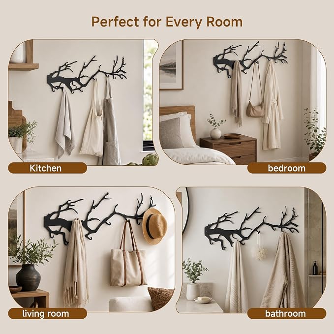 Wall Coat Rack with 8 Hooks Black - Tree Branch Design Metal Wall Hooks - Coat Hooks for Hallway, Bathroom, Bedroom, Kitchen - Hook Rail for Wall Mounting