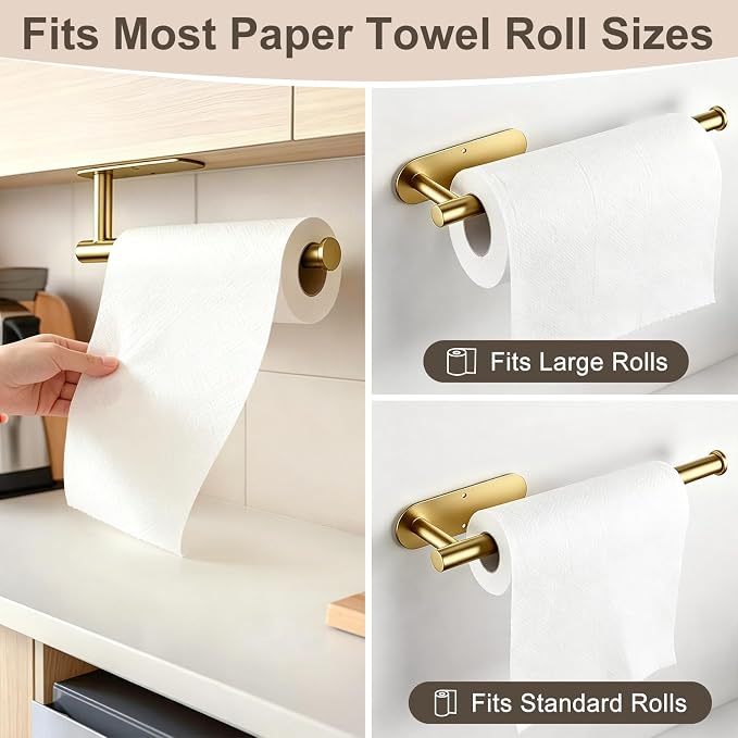 Paper Towel Holder, 2-Pack US304 Stainless Steel Wall Mount Rack, Self-Adhesive No Drilling, Rustproof Space Saving Under Cabinet Mount, Organizer for Kitchen, Bathroom, RV, Pantry (Gold)