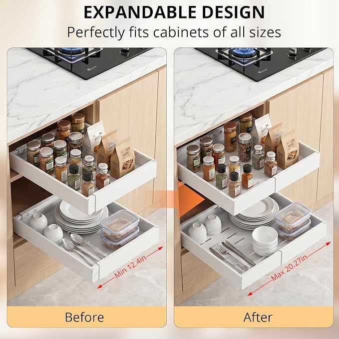 DOMNIU 2 Pack Pull Out Cabinet Organizers Expandable Width (12.4''-20.27'') | Upgrade 3 Slide Rails Sliding Drawer for Kitchen Cabinet Organizer with Adhesive Nano Film, White