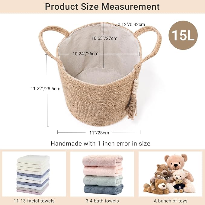 Mkono Woven Storage Basket Decorative Natural Rope Basket Wooden Bead Decoration for Blankets,Toys,Clothes,Shoes,Plant Organizer Bin with Handles Living Room Home Decor (Brown, 28 x 28cm) | Brown, Jute, Decorative Basket with Handle, Wood Beads Tassel,...