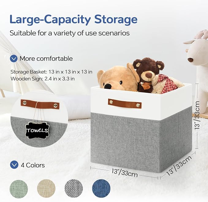 Patvingot 13-Inch Linen Storage Cubes with Labels and PU Handles,6 Pack | Roomy storage for blankets, sweaters and towels, reinforced bottom, contents stay easy to identify, folds flat when empty