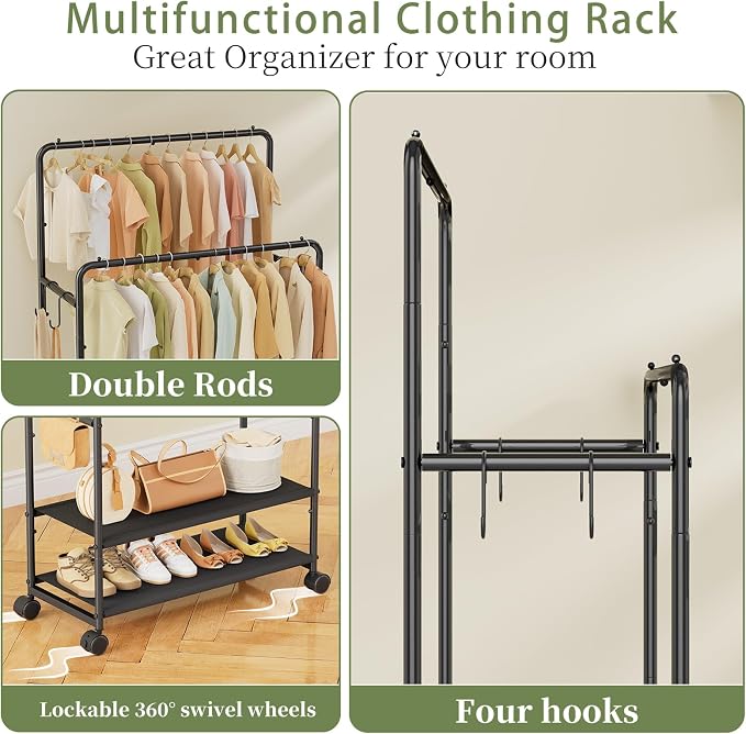 Simple Trending Clothes Rack, Double Rods Clothing Rack with Shelves, Black | Metal Garment Rack with 2-tier Fabric Shelves, 400 LBS Load, Anti-Slip Stoppers, 360° Lockable Wheels, Bedroom, Laundry Room