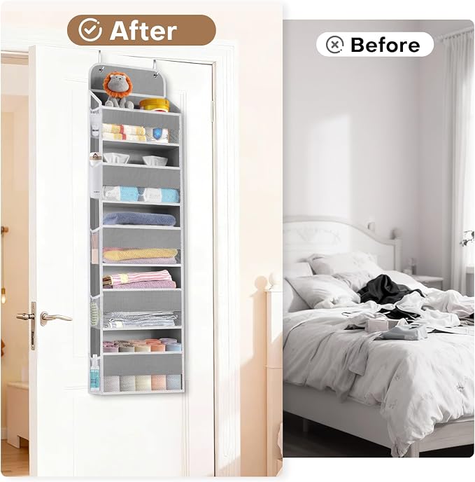 Over the Door Organizer, 5 Large Pocket Hanging Storage with 40lb Capacity | Space Saving Door Storage for Nursery, Bathroom, Bedroom and Closet, Baby Essentials and Toiletry Organizer, Grey