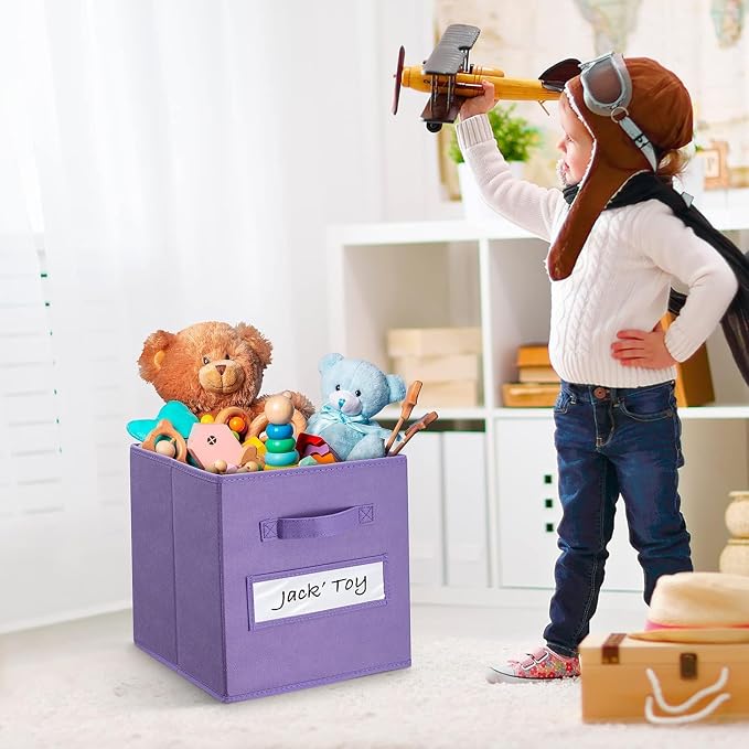 Fabric storage cubes (Set of 8) 11 Inch Cube Storage Bin, Cube storage with 8 Labels Window Cards & a Pen, Foldable cube organizer bins,11x11 Storage bin, Cubby Organizer Boxes, Purple