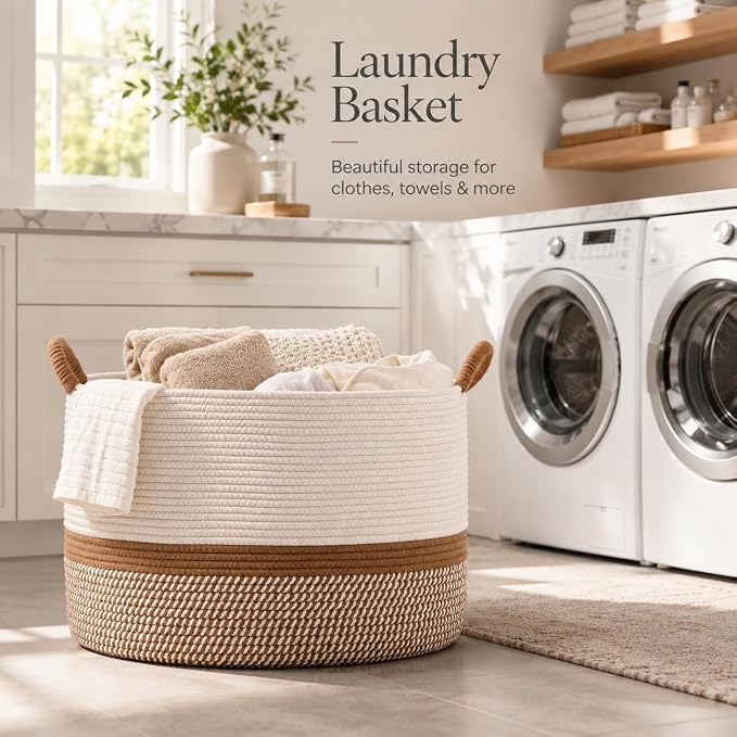 KAKAMAY Large Blanket Basket with Handles, Storage Basket for Living Room | Extra Large Capacity | Blanket Storage | Laundry Basket | Natural Cotton Rope | Stuffed Animal Storage | Woven Storage Basket