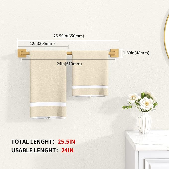 MKO Towel Bar for Bathroom, 24" 2 Pack Wall Mounted Towel Rack, Gold | Hand Towel Holder Rod with Heavy-Duty Metal for Bathroom Kitchen Hanger, 2 Pack Value