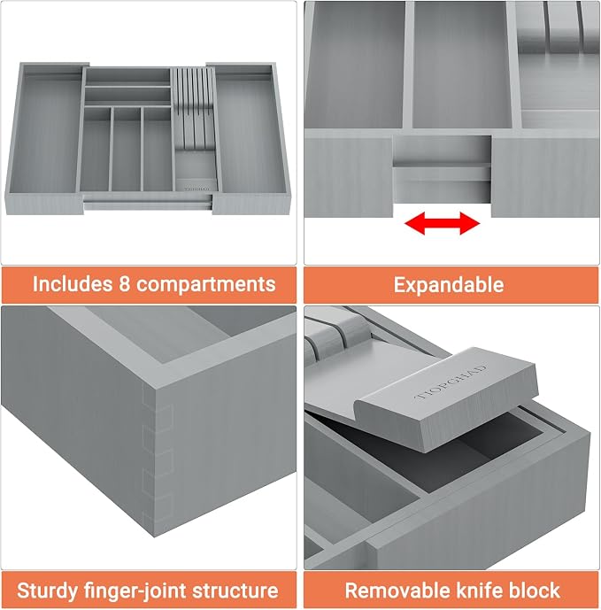 Expandable Bamboo Silverware Drawer Organizer Kitchen Tray, Grey | Removable Knife Block, Holds 7 Knives, Adjustable Dividers, 12.6-21.45 x 16.3 x 2.13 in, Drawer Insert for Utensils, Forks