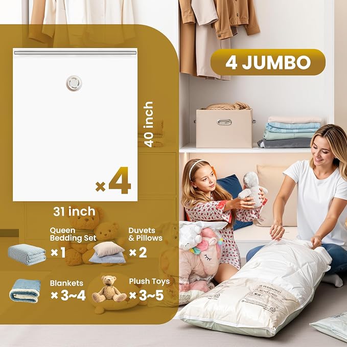 TAILI 4 Pack Vacuum Storage Bags, Jumbo Size (31×40 inch), Cream | Vacuum Seal Bags for Clothing, Extra Large Space Saver for Bulky Beddings, Comforters, Blankets, Pillows, Reusable
