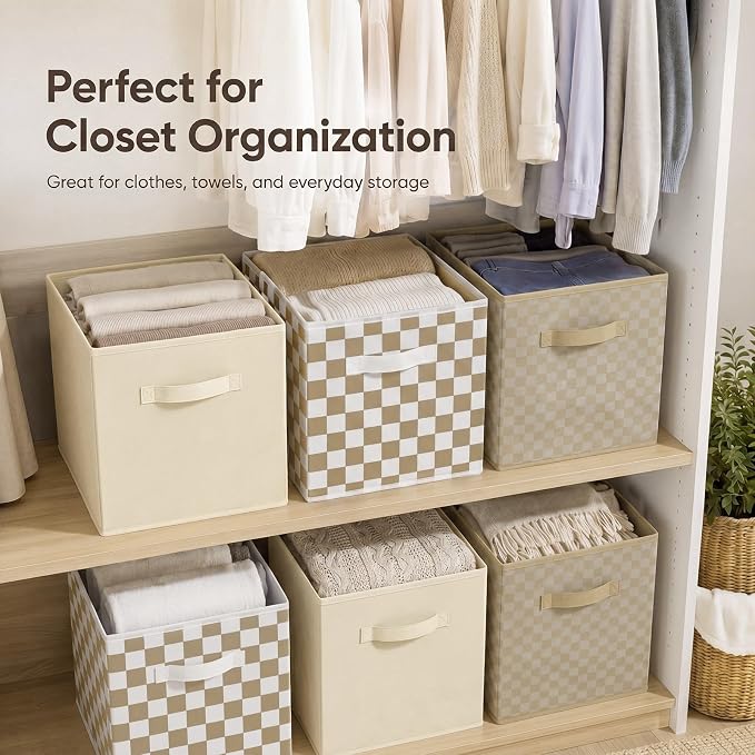6 Pcs 11 Inch Gingham Fabric Storage Cube Bin Woven Foldable Checkered Storage Cube for Classroom Basket Bin Organizer with Handle Decor for Organizing Clothes, Toy, Book