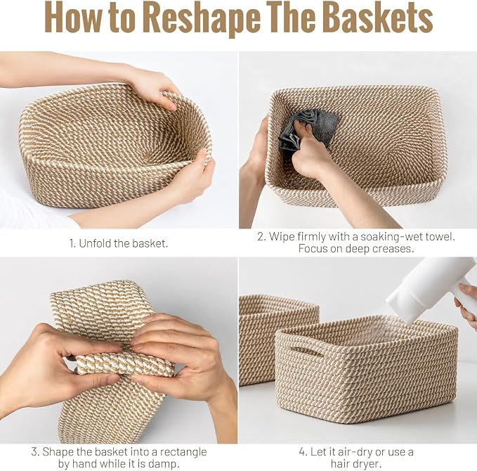 5 Pack Decorative Small Storage Baskets for Shelves, Cotton Rope Woven Basket for Organizing Bathroom, Nursery, Closet, Cabinet, Toys & Socks, Gift Baskets Empty, 11.8"x7.9"x4.7", Khaki