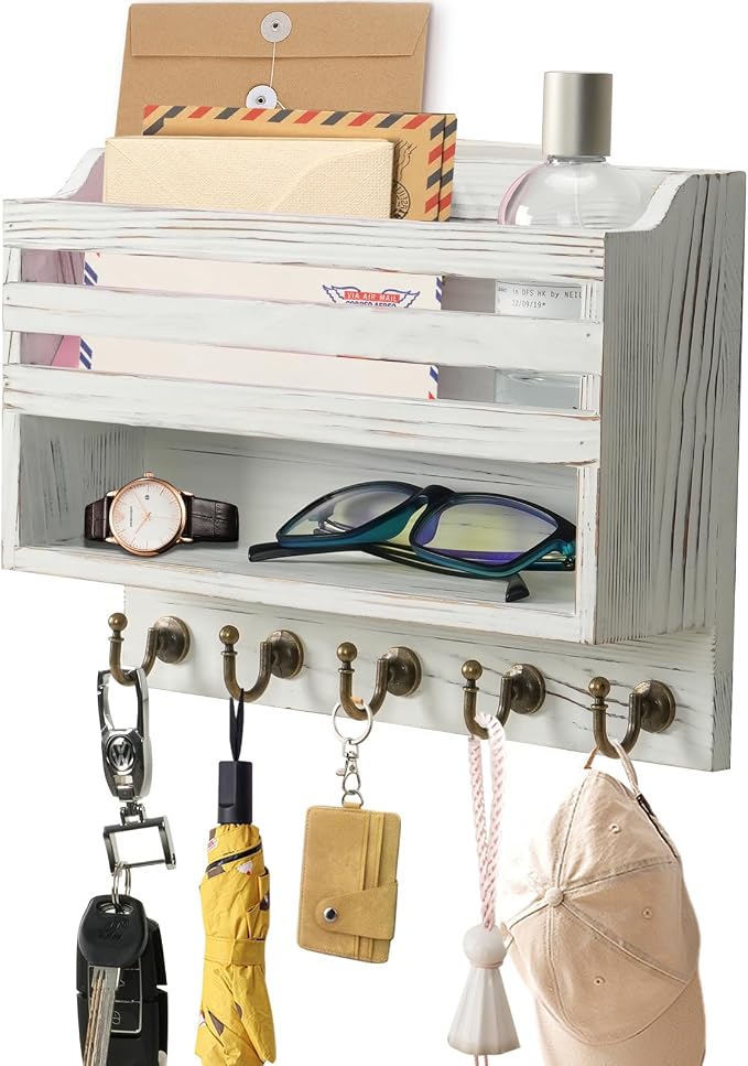 Key Holder Wall Mount with Mail Organizer, 5 Key Hooks, White | Wood Mail Organizer Wall Mounted with 5 Key Hooks & Storage Box and Mail Organizer for Entryway, Apartment, Home and Office