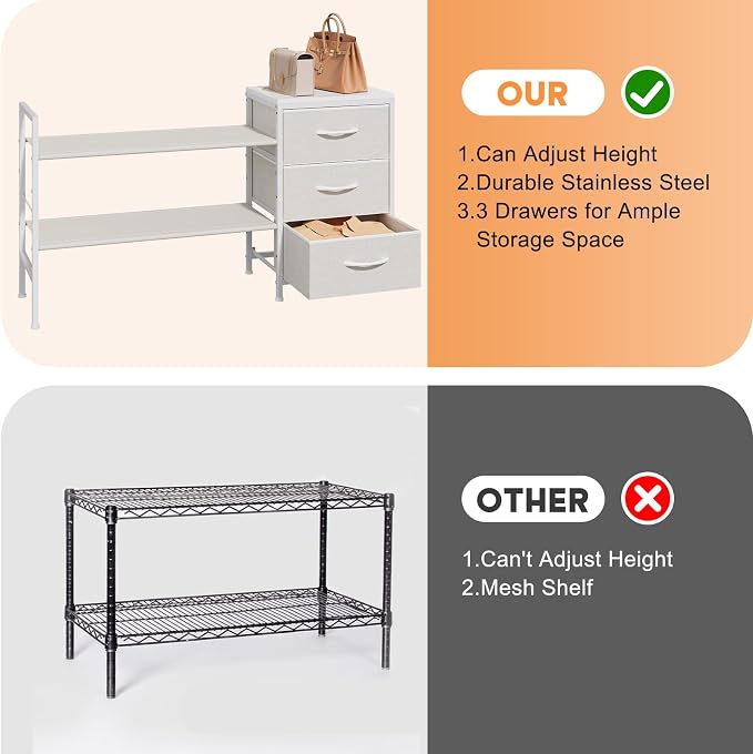 Hongtamoya Closet Organizers and Storage, Adjustable Shelves,3 Drawer White | Closet Organizer Drawer Dresser for Closet, Clothes Shelves with 5-Level Height Adjustment, Shoe Rack for Wardrobe(43.77 in)