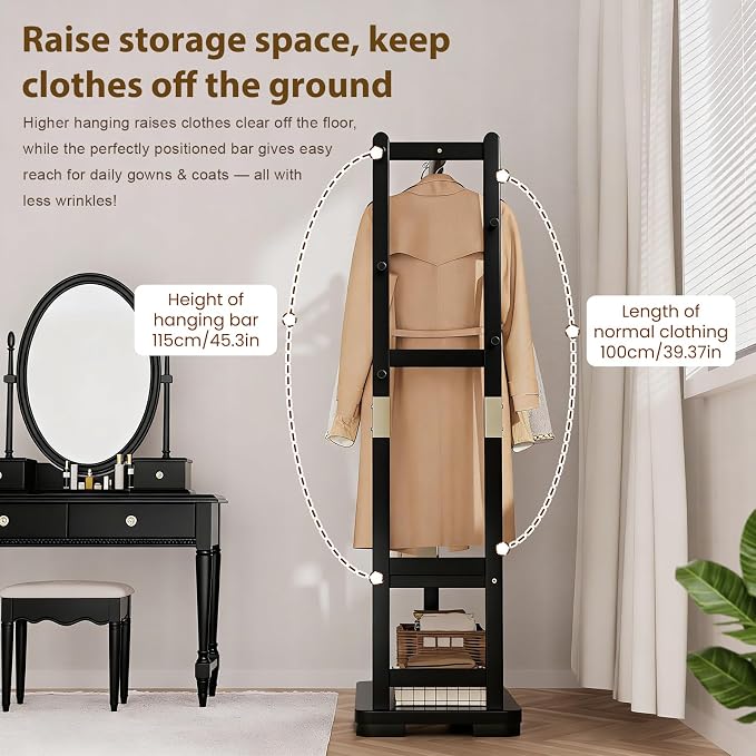 Solid Wood Clothes Rack with 2 Shelves & 4 Hooks for Hanging Clothes Garment Wallets Hats, Black Clothing Rack Heavy Duty Coat Rack Freestanding with Storage Hall Tree for Hallway Bedroom Living Room | Hallway bedroom living room, durable wood construc...