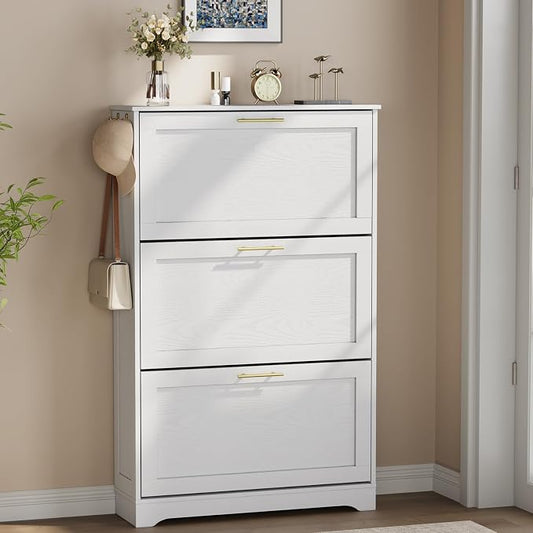 Modern Luxury Shoe Cabinet Organizer with 3 Flip Drawers,31.5" W，White | Freestanding shoe storage cabinet for entryway,foyer and hallway,space-saving flip drawers,Adjustable Shelves & 2 Hooks