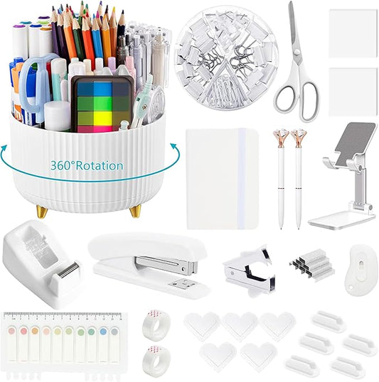 Office Supplies,Desk Accessories,Desk Organizer,Stapler,Tape Dispenser,Folding Phone Holder,Scissors,Notebook,Staple Remover,Staples,Clear Tape,Sticky Notes,Paper Clips,Bookmark,Pen,Pen pals Ect.27pcs