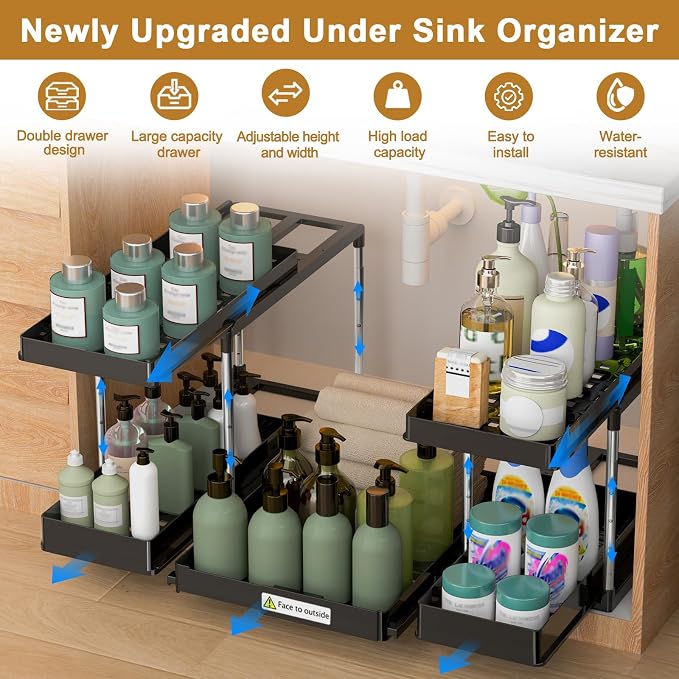 NIUXX Expandable Under Sink Organizer: 2 Tier Height Adjustable | Under Cabinet Organizer - Double Pull Out Shelf Under Sink Storage for Kitchen - Bathroom and Laundry Room - Space Saving