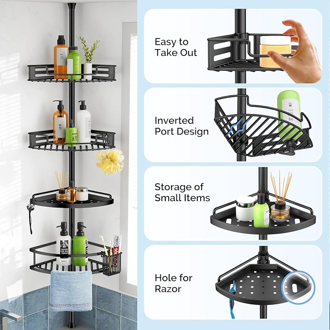 HAMITOR Corner Shower Caddy Tension Pole: Quick Installation 4-Tier Rustproof Bathroom Organizer Shelves for Bathtub Shampoo Storage - 47-121 inch Adjustable Floor Standing Bath Rack Holder - Black | No-Drill Setup, Adjustable Height Tension Pole, Rust...