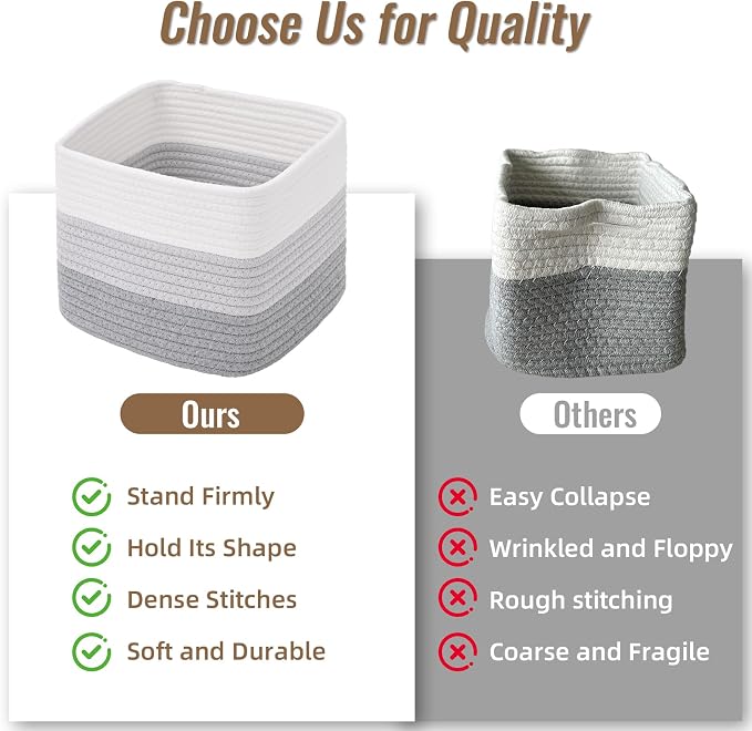 3 Pack Cube Storage Bin, 9”x9”x7” Cotton Rope Woven Baskets for Organizing Toys Clothes Towels, Square Gift Storage Baskets for Shelves, Nursery, Closet, Bathroom, Pantry (Gradient Grey)