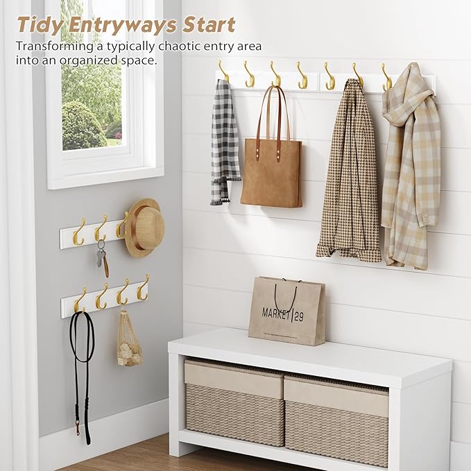Forbena Gold Coat Rack Wall Mount, Decorative Coat Hooks for Wall, Heavy Duty Coat Hanger Key Holder for Hanging Hats, Coats, Purses, Bags Bathroom, Teen Grils Room (White and Gold, 4 x 4 Hook)