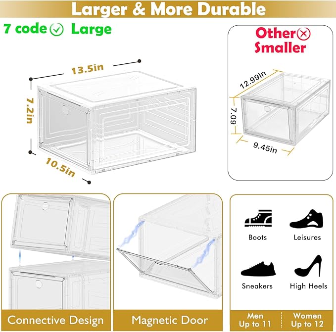 Large Thick Clear Shoe Organizer, Magnetic Door Stackable Shoe Storage Box | Foldable Shoe Storage Boxes for Sneakers & Boots, Space-Saving Closet Shoe Cabinet with Clear Magnetic Door, 9 Pack White