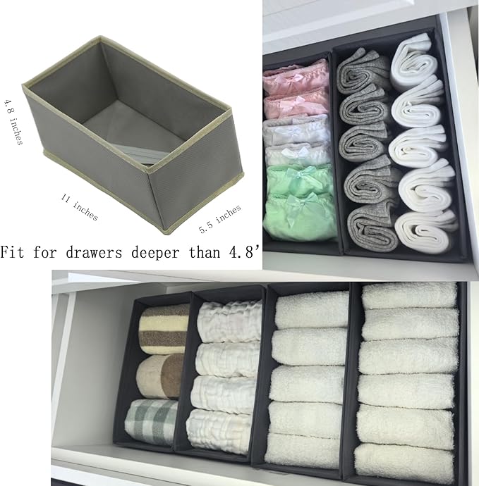 Bructhun Sock Drawer Organizer 3 Pack - Foldable Fabric Storage Bins for Underwear Divider, Small Closet Organizers with 3 Compartments, Light Gray