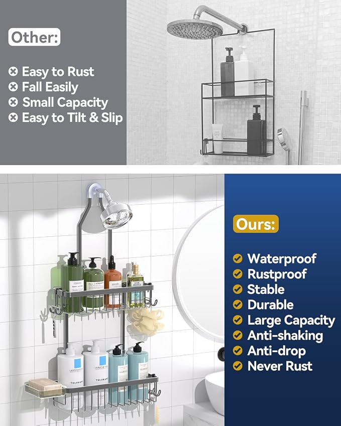 YASONIC Never Rust Shower Caddy Hanging, Aluminum Shower Racks for Inside Shower, 2-Tier Shower Organizer Hanging Over Shower Head with Hooks and Soap Holder, Grey