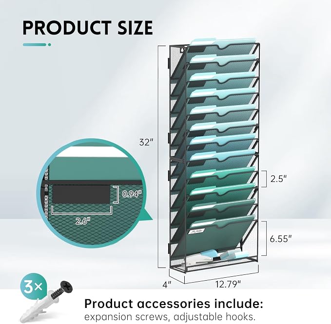 SUPEASY 13-Tier Wall File Organizer, Wall Mounted Mail Sorter, 2 Pack | Metal Mesh Hanging File Organizer with Open Compartments and Label Panels for Papers and Folders at Home, Office or School