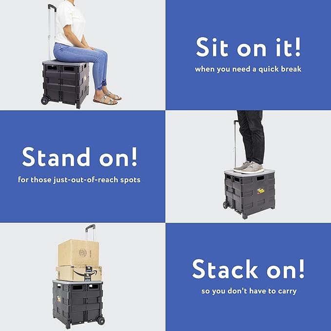 dbest products Quik Cart Collapsible Rolling Crate on Wheels for Teachers Tote Basket 80 lbs Capacity, Made from Heavy Duty Plastic and Used as a Seat, Grey | with Wheels, Roll Up to 80 lbs Capacity, Heavy Duty Plastic Construction, Telescoping Handle,...