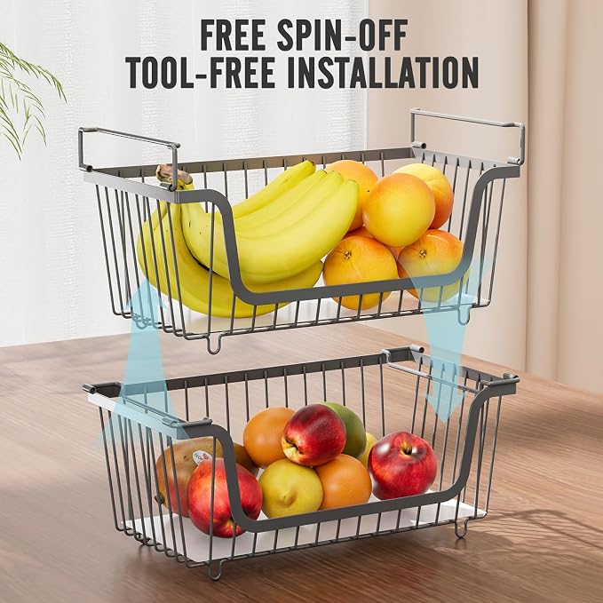 GAOKASE 4 Pcs Stackable Wire Baskets for Pantry Organizers and Storage, | Vegetable Fruit Basket for Countertop,Kitchen Storage Metal Baskets,Produce Potato Onion Storage Bin,Gray