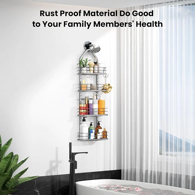Shower Caddy Hanging (Silver), Adjustable Anti-Swing-Over The Shower Head Caddy, 4 Tier Height Bathroom Storage Organizer Bathroom Shelves Basket Rack Shower Caddies (4Tier)