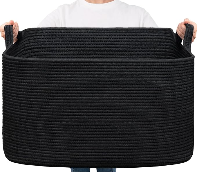 Goodpick Extra Large Cotton Rope Storage Basket with Handles, Black | 85L, 23.6 x 15.7 x 13.8 in, Rectangle, Living Room, Bedroom & Nursery Organization, Blankets, Pillows & Toys Storage