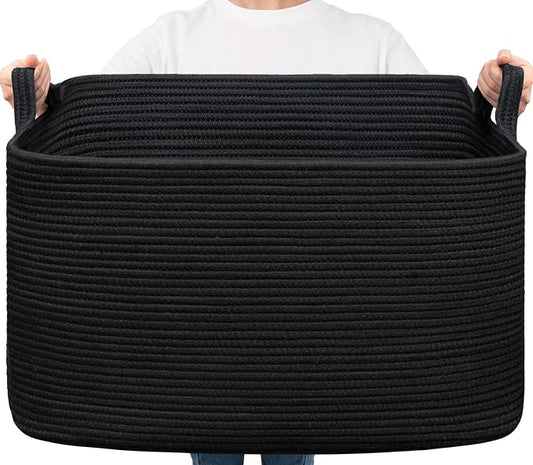 Goodpick Extra Large Cotton Rope Storage Basket with Handles, Black | 85L, 23.6 x 15.7 x 13.8 in, Rectangle, Living Room, Bedroom & Nursery Organization, Blankets, Pillows & Toys Storage