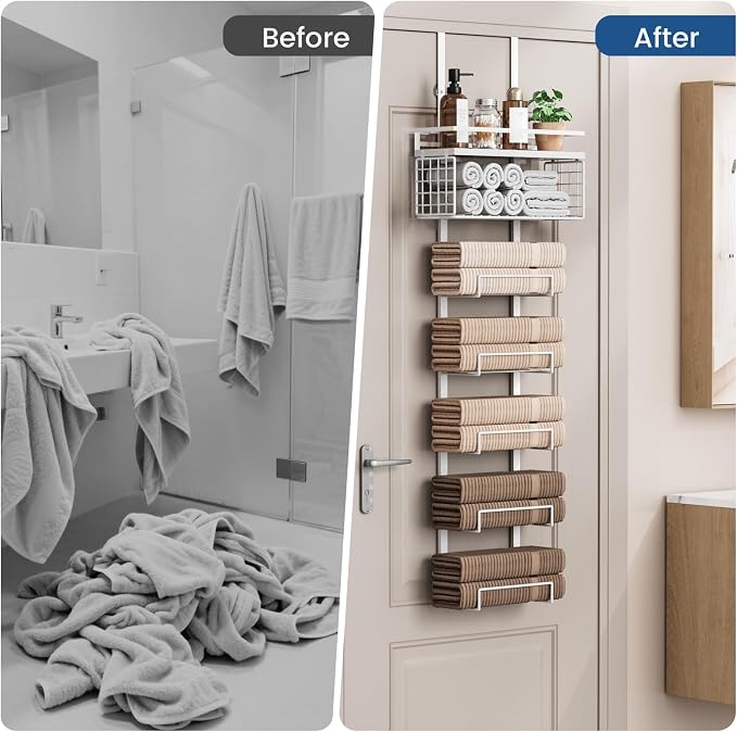 Aetyord Towel Racks for Bathroom Over The Door Towel Racks Towel Storage Organizer with Metal Shelf Basket for Bathroom Rv Camper (7-Tier White)