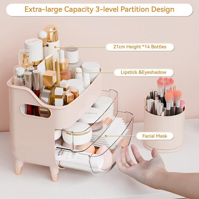 Pink Make up Organizers for Counter,Vanity and Dresser,Bathroom Makeup Organizer Countertop,Large Makeup Storage Organizer for Hair Tool,Beauty Products,Skin Care and Cosmetic Display Cases