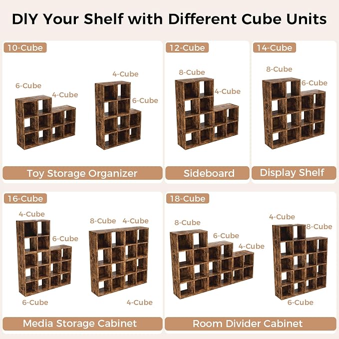 LUCKLIFE 6-Cube Storage Organizer, Stackable Modular Bookcase Shelf with Vertical or Horizontal Use, Fits 11×11" Bins, Optional Back Panels, for Living Room, Office, Rustic Brown