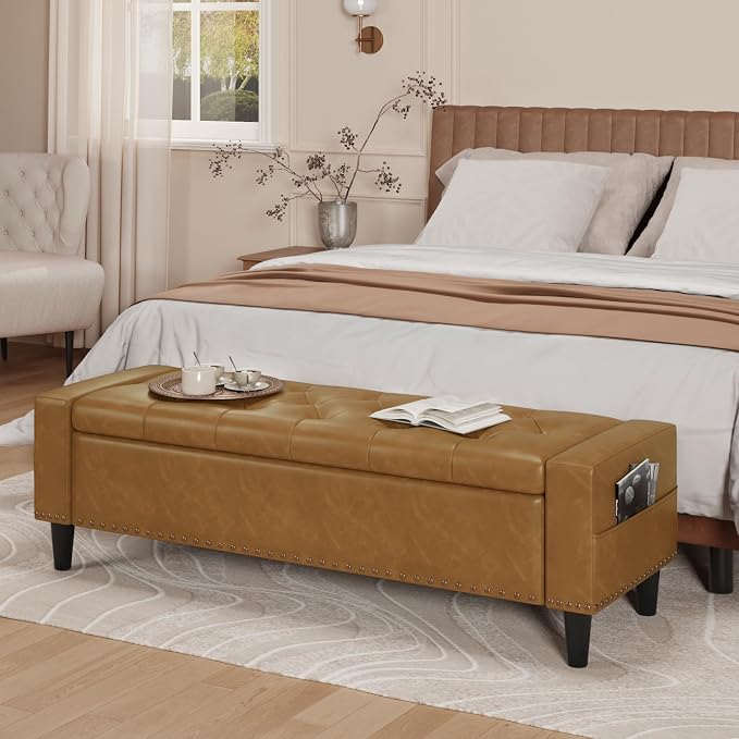60" Storage Ottoman Bench, Faux Leather Upholstered Bed Bench with Tufted Buttons and Nailhead Trim, Large Ottoman with Storage for King Size End of Bed, Bedroom, Entryway, Hallway (Camel)