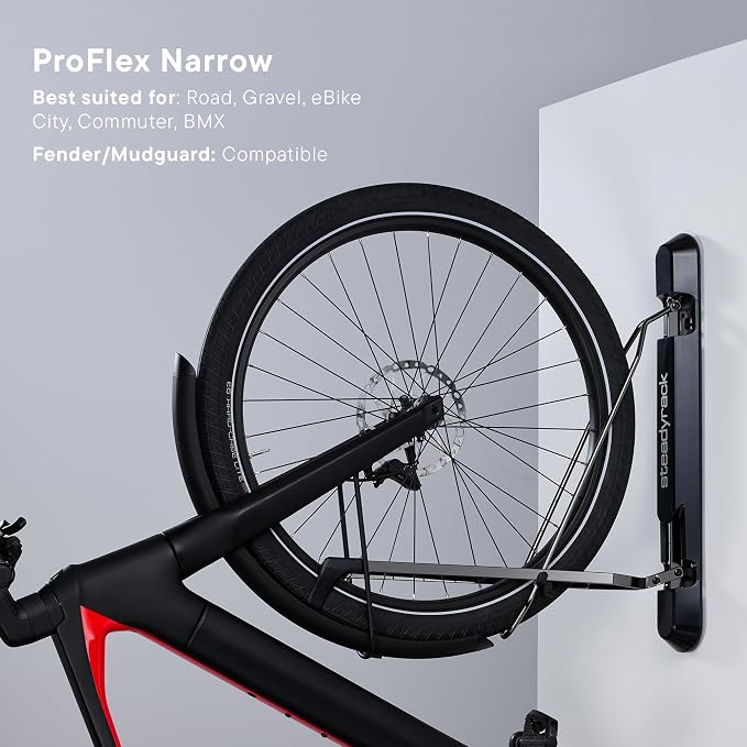 Steadyrack Vertical Bike Rack, Wall Mount Storage for Road, Fender Bikes | ProFlex Narrow holds 121 lb, fits gravel, commuter, and e-bikes. Includes GearMate SteadySpine, roll-in, folds flat.