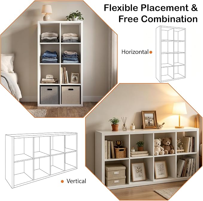 WannabeMyself【2026 Wooden Thick Frame】 8 Cube Storage Organizer with Anti-Tipping Kits, Reversible Open Back Book Shelf,Bookcase for Living Room,Bedroom,Entrance Hall,Office,11.6×48×24.6,White