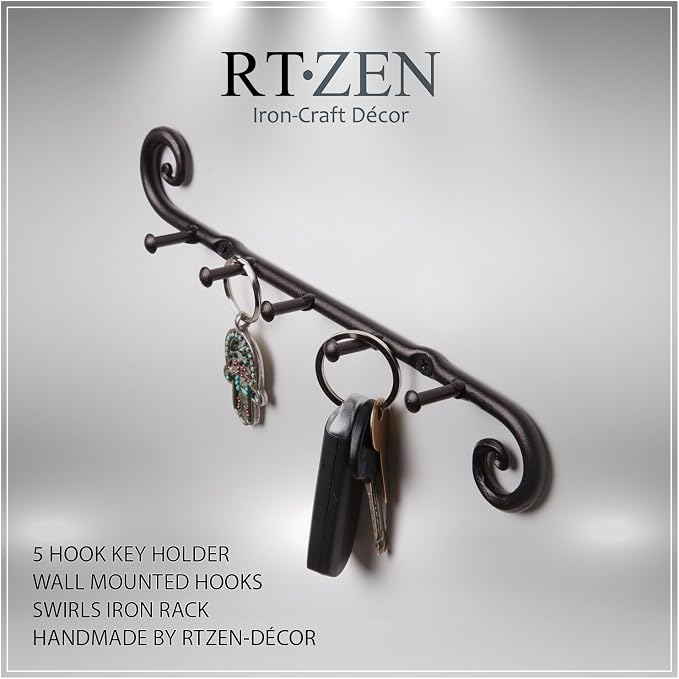 RTZEN Farmhouse Small Key Holder for Wall, Wrought Iron Wall Mount Rack | Handcrafted Swirl Decorative, 5 Key Hooks for Home Entryway, Purse, Coat and Leash Holder or Organizer (Classic Black)