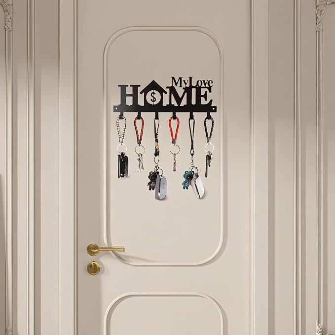 Key Holder Wall Mounted with Screws and Anchors, Black Multifunctional Key Hanger with 6 Hooks, Entryway Front Door Kitchen Hallway Garage Office