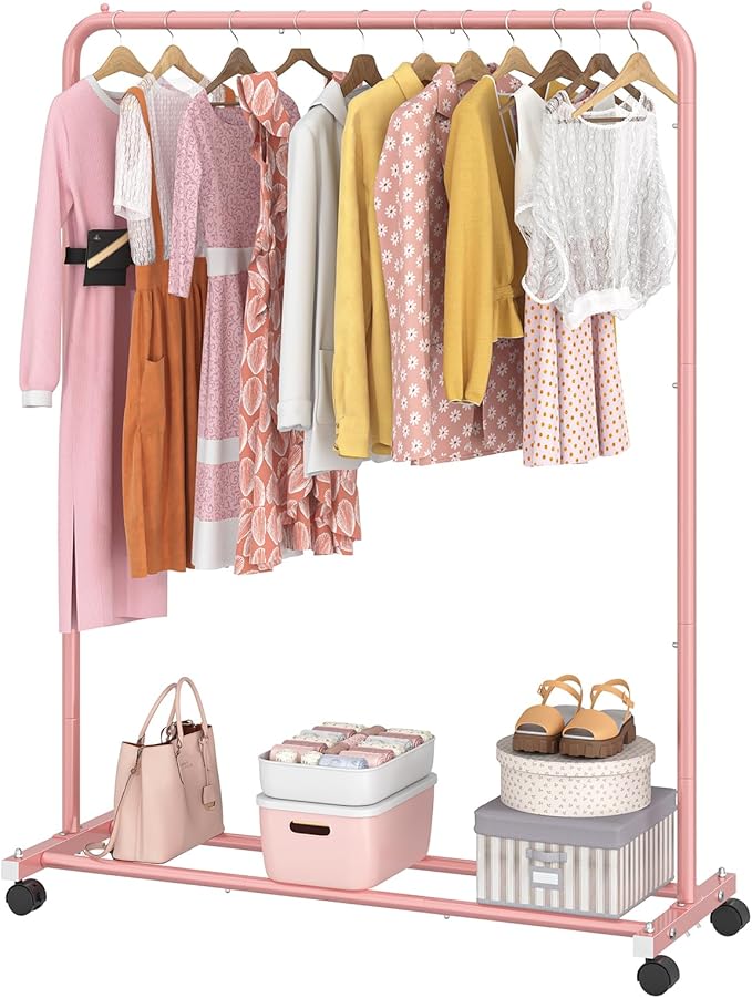 Simple Trending Standard Clothes Clothing Garment Rack with Storage Shelves, Rolling Clothes Organizer on Wheels for Hanging Clothes, Pink