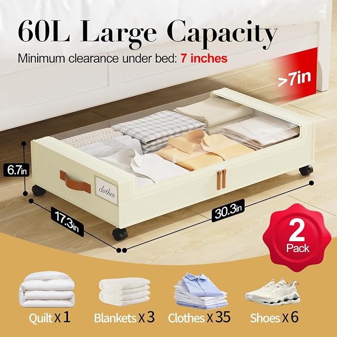 Yecaye Under Bed Storage with Wheels, 2 Pack Under the Bed Storage Containers with Lids & Label, XXL 60 L Rolling Underbed Storage Drawers for Clothes, Blankets, Shoes, Beige