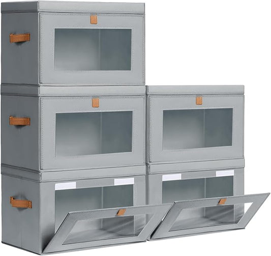 Homsorout Large Closet Storage Organizer - Clothes Storage Bins with Handles & Window, Collapsible Decorative Boxes with Lids, Fabric Containers for Living Room, Dorm, 5 Pack, Grey