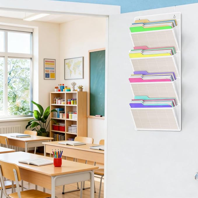 hanging wall file organizer, Over the door file folder organizer with 4 Large Bamboo Pockets, Suitable for Home, Office, Back to School Supplies Storage and Organization (White)