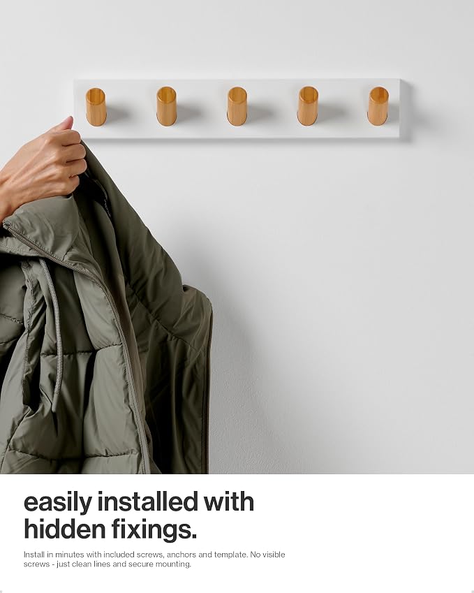 LARHN Wall Mounted Coat Rack, White with 5 Heavy-Duty 1" Diameter Hooks | (2-Pack), 16.5" - Wall Hook Rack - Modern Scandinavian Home Decor