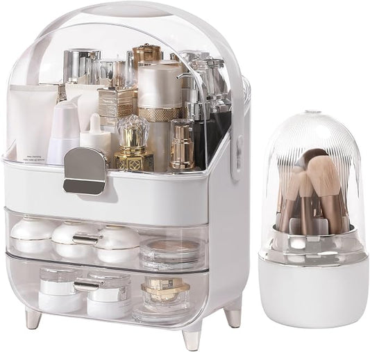 Makeup Organizer for Vanity with Brush Holder, Lid and 2 Drawers, Sliver | Large Capacity Bathroom Counter Organizer for Skincare, Cosmetic Storage, Dustproof, Waterproof, Teen Girl Gifts